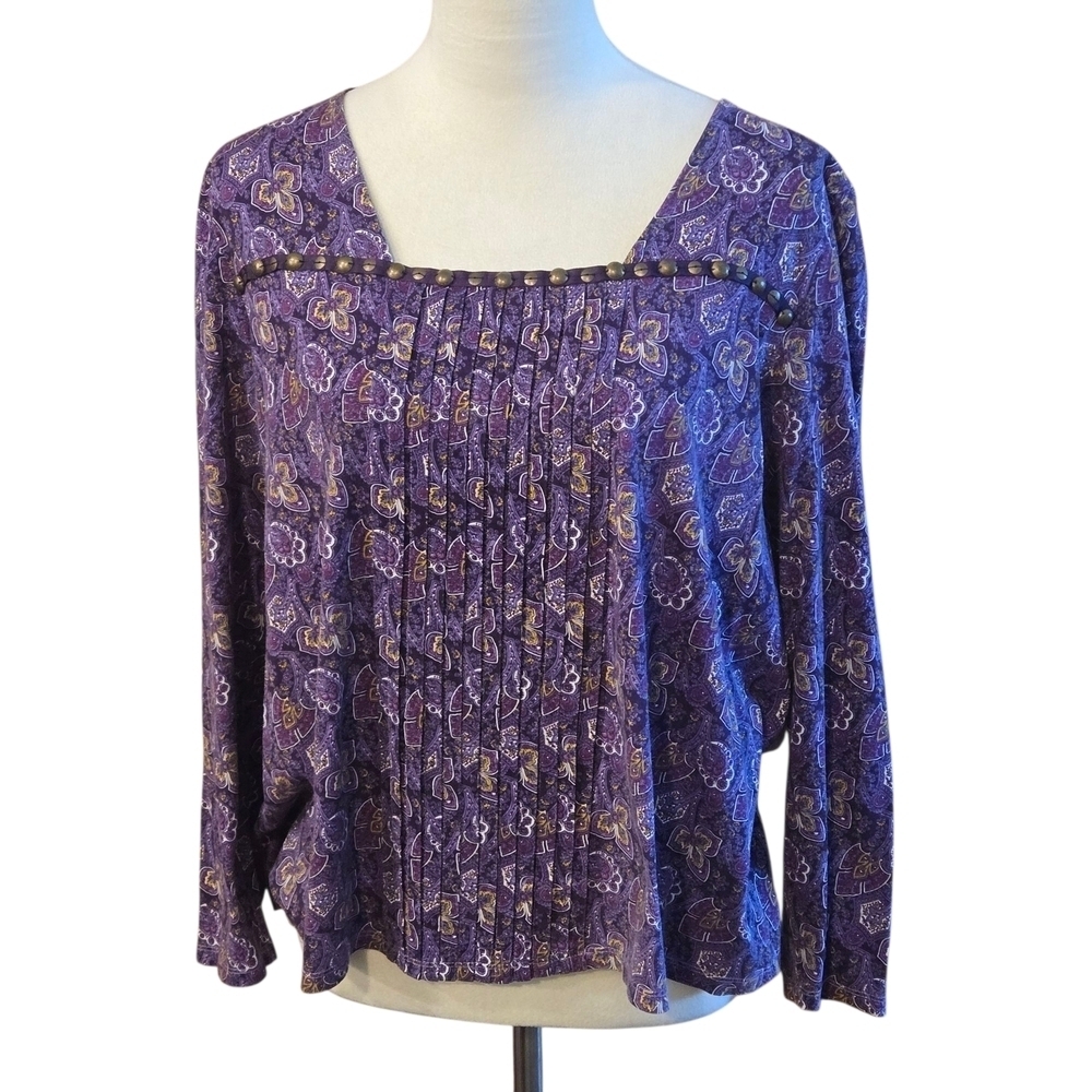 Charter Club Women’s XL Purple Paisley Top Stud-Accented Pleated Front